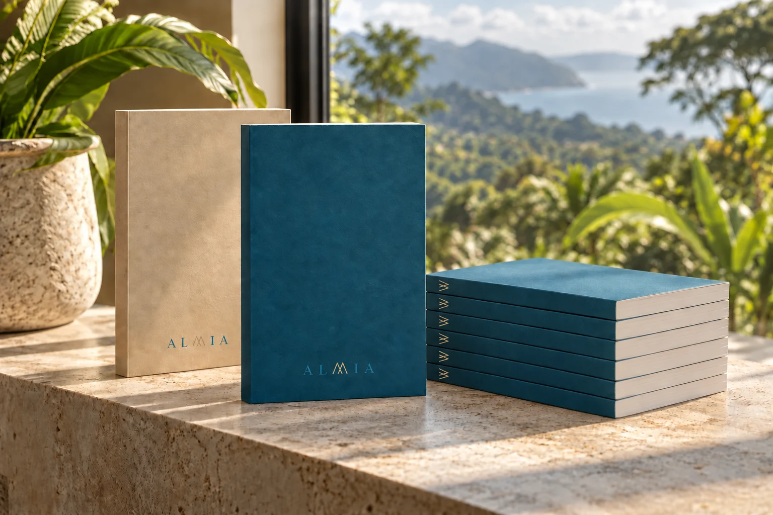 Libros de tapa blanda de ALMIA, con la marca en las cubiertas y los lomos